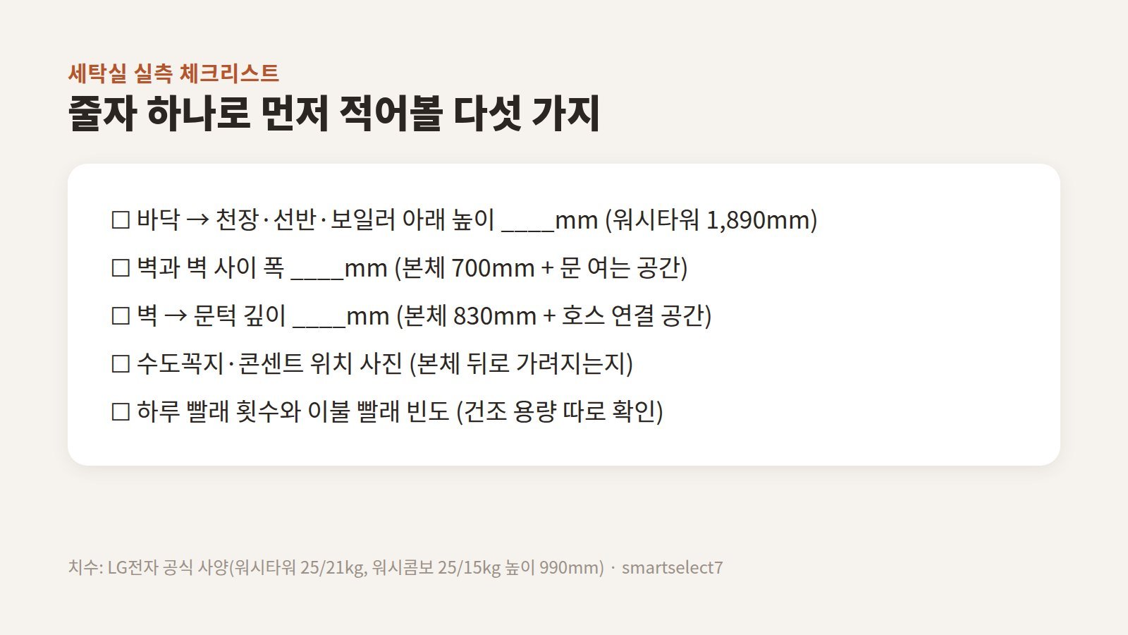 세탁실 천장 높이, 폭과 문 여는 공간, 깊이와 호스, 수도꼭지·콘센트 위치, 빨래 횟수를 적는 세탁실 실측 체크리스트 이미지